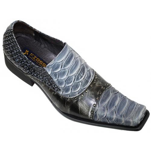 Fiesso Slate Blue / Black Anaconda Print Shoes With Metal Studs FI8211 / 8011
